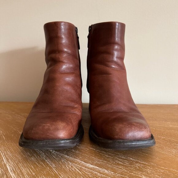 Timberland Genuine Leather Boots Block Heel Booties Distressed Tan Brown 7.5 - Picture 11 of 12